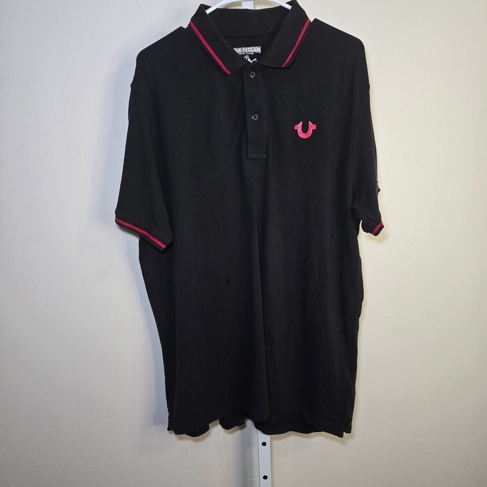 True Religion Mens Black Red Buddha Horseshoe Logo Graphic Polo Shirt XL